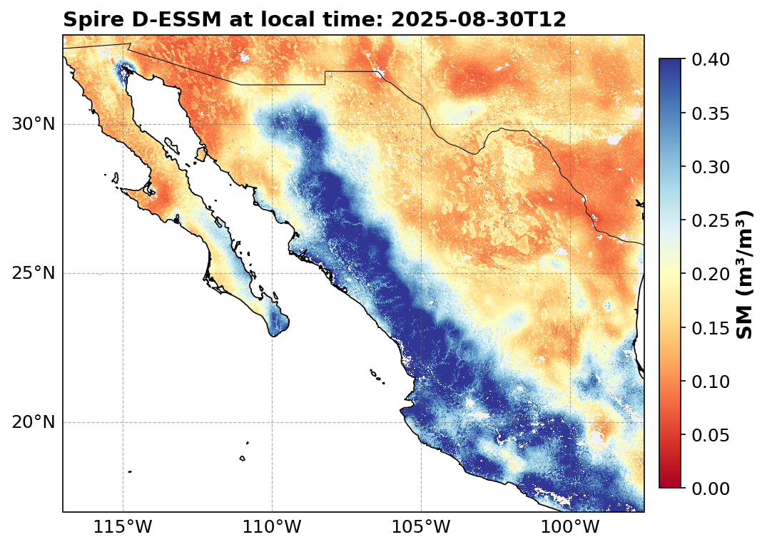 D-ESSM enhanced surface soil moisture over Mexico, 30 August 2025.
