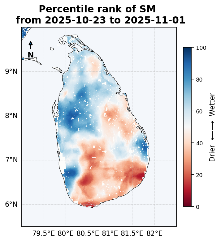Soil moisture percentile rank over Sri Lanka, 23 October to 1 November 2025.
